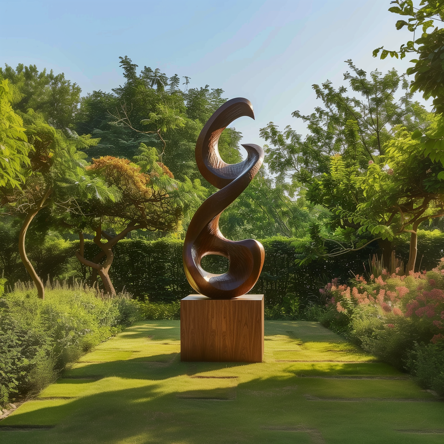 Large Abstract Infinity Spiral Garden Sculpture, Hand Carved Wooden Outdoor Statement Art, Modern Organic Luxury Yard Decor