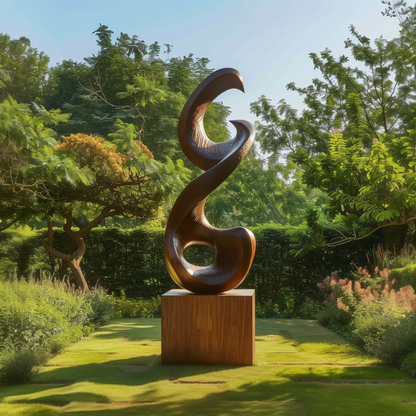 Large Abstract Infinity Spiral Garden Sculpture, Hand Carved Wooden Outdoor Statement Art, Modern Organic Luxury Yard Decor