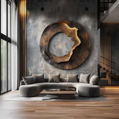 Large Abstract Circular Wall Sculpture, Modern Infinity Ring Art, Luxury Metal & Wood Wall Decor, Contemporary Statement Artwork for Living Room