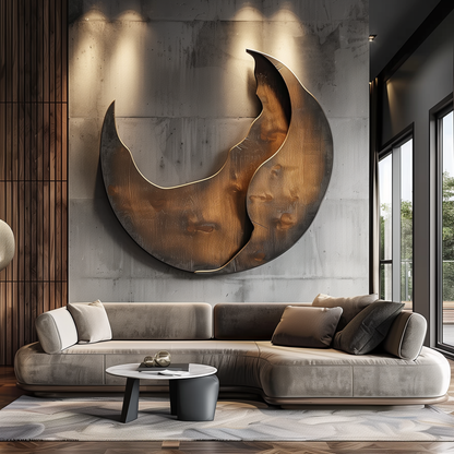 Large Abstract Crescent Moon Wall Sculpture, Modern Organic Flame Art, Luxury Metal & Wood Wall Decor, Oversized Statement Artwork for Living Room