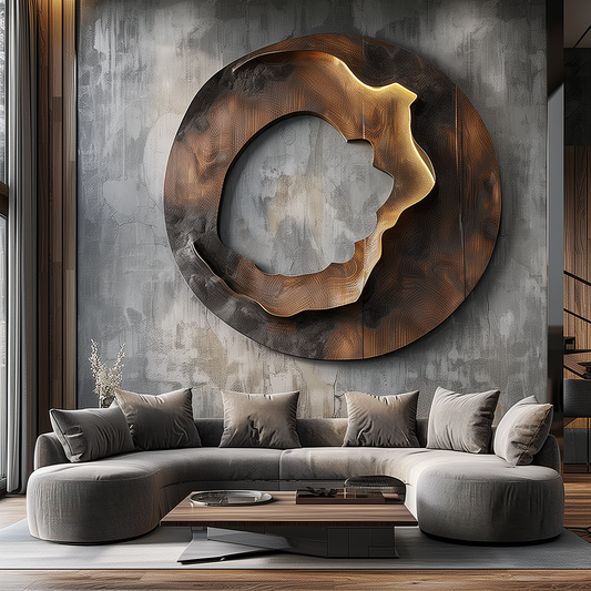 Large Abstract Circular Wall Sculpture, Modern Infinity Ring Art, Luxury Metal & Wood Wall Decor, Contemporary Statement Artwork for Living Room