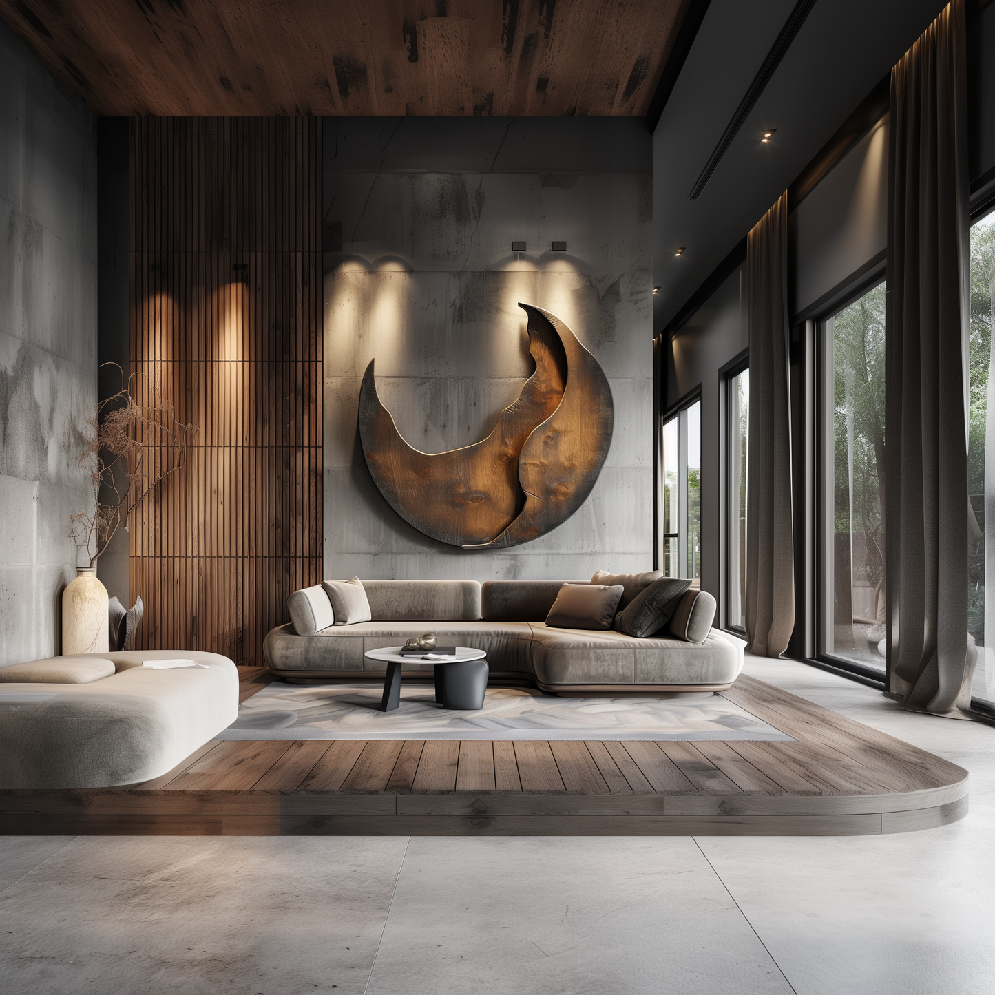 Large Abstract Crescent Moon Wall Sculpture, Modern Organic Flame Art, Luxury Metal & Wood Wall Decor, Oversized Statement Artwork for Living Room