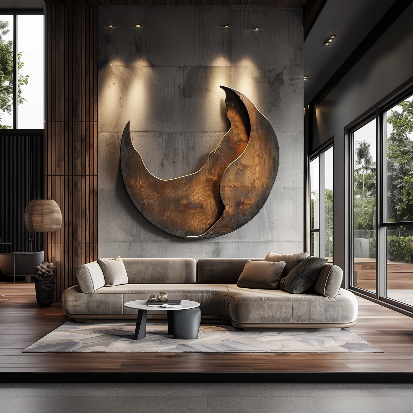 Large Abstract Crescent Moon Wall Sculpture, Modern Organic Flame Art, Luxury Metal & Wood Wall Decor, Oversized Statement Artwork for Living Room