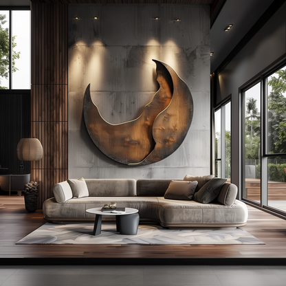 Large Abstract Crescent Moon Wall Sculpture, Modern Organic Flame Art, Luxury Metal & Wood Wall Decor, Oversized Statement Artwork for Living Room