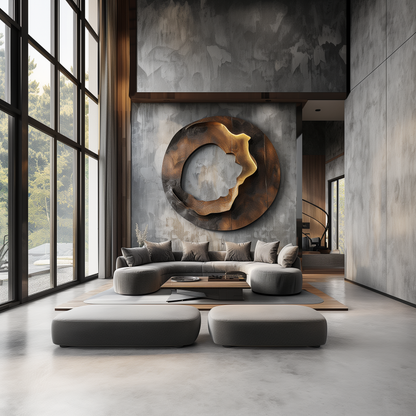 Large Abstract Circular Wall Sculpture, Modern Infinity Ring Art, Luxury Metal & Wood Wall Decor, Contemporary Statement Artwork for Living Room