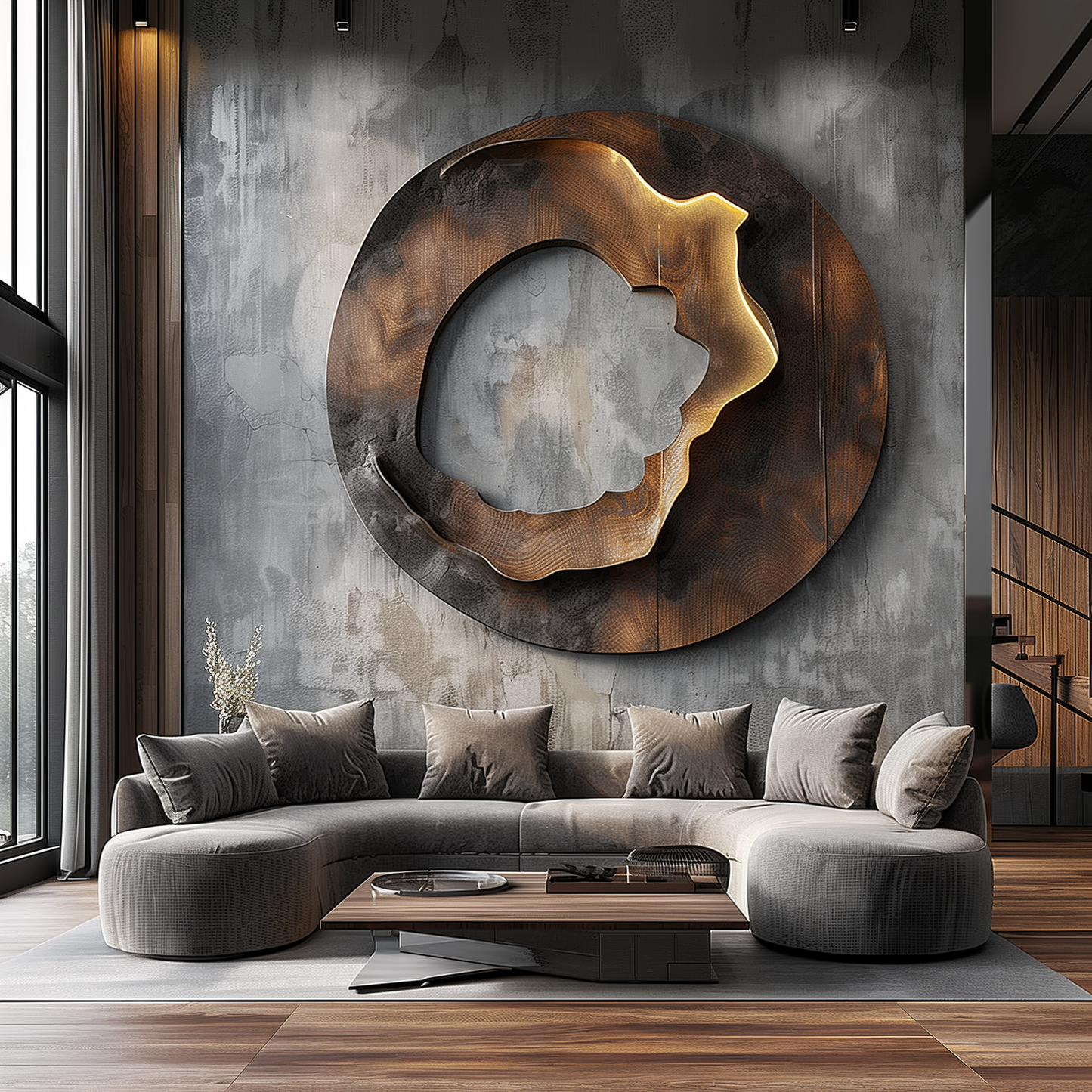 Large Abstract Circular Wall Sculpture, Modern Infinity Ring Art, Luxury Metal & Wood Wall Decor, Contemporary Statement Artwork for Living Room