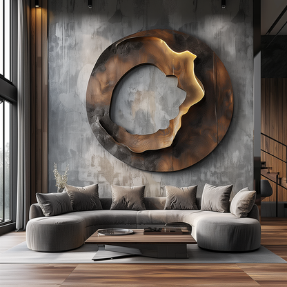 Large Abstract Circular Wall Sculpture, Modern Infinity Ring Art, Luxury Metal & Wood Wall Decor, Contemporary Statement Artwork for Living Room