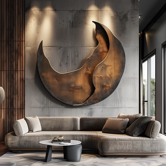 Large Abstract Crescent Moon Wall Sculpture, Modern Organic Flame Art, Luxury Metal & Wood Wall Decor, Oversized Statement Artwork for Living Room