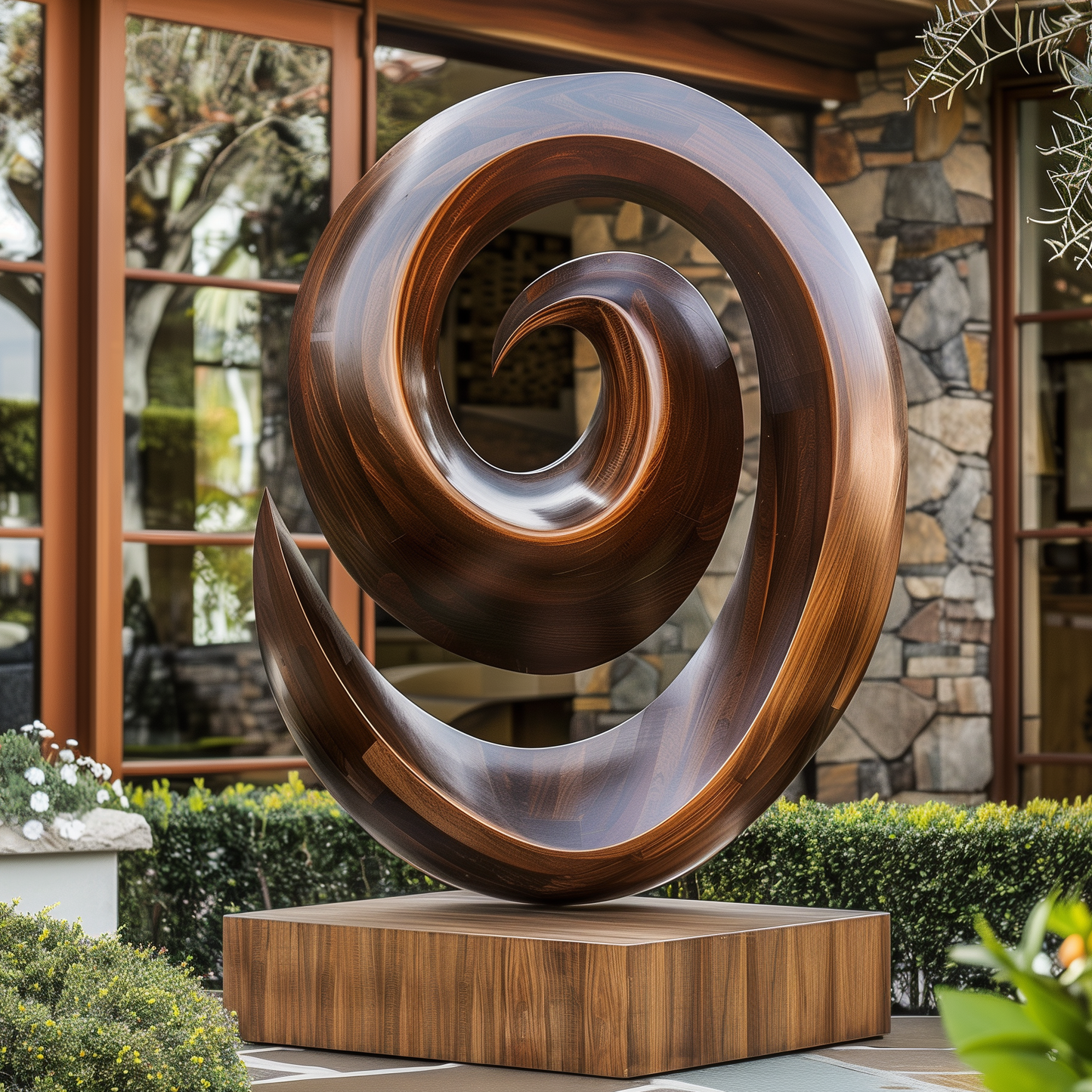 Large Spiral Infinity Wooden Sculpture, Hand Carved Outdoor Abstract Art, Modern Garden Sculpture, Luxury Wood Floor Decor