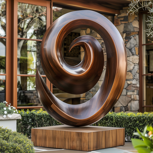 Large Spiral Infinity Wooden Sculpture, Hand Carved Outdoor Abstract Art, Modern Garden Sculpture, Luxury Wood Floor Decor