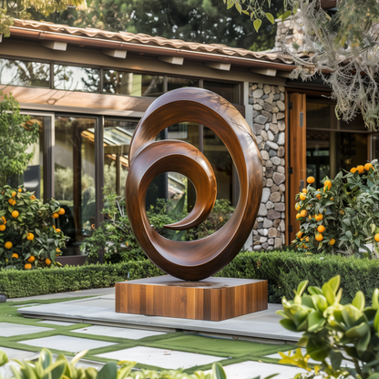 Large Abstract Spiral Wooden Sculpture – Hand Carved Infinity Loop, Modern Garden & Outdoor Art, Luxury Wood Sculpture Decor