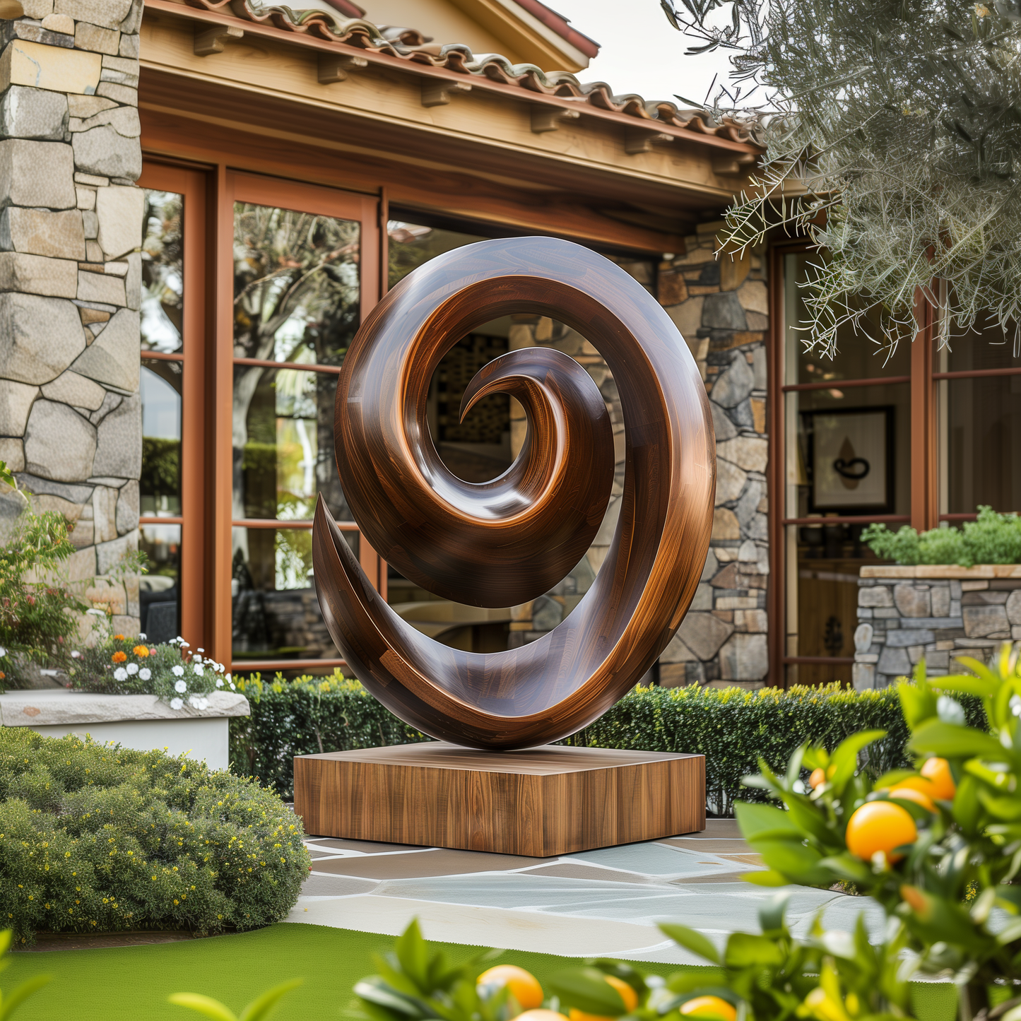 Large Spiral Infinity Wooden Sculpture, Hand Carved Outdoor Abstract Art, Modern Garden Sculpture, Luxury Wood Floor Decor