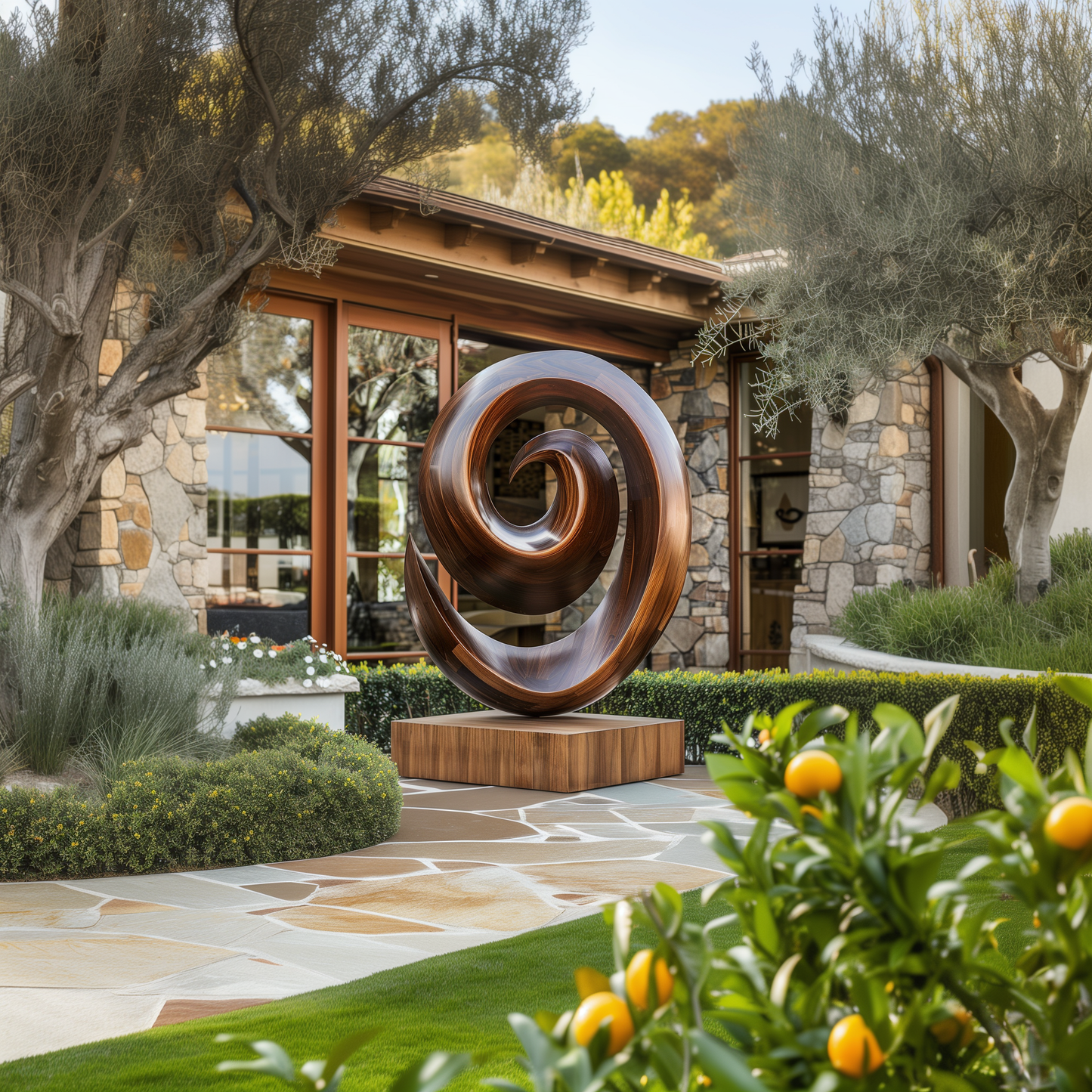 Large Spiral Infinity Wooden Sculpture, Hand Carved Outdoor Abstract Art, Modern Garden Sculpture, Luxury Wood Floor Decor