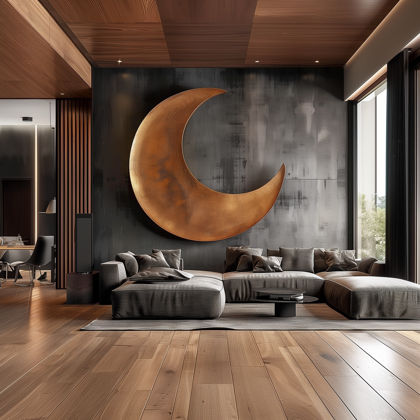 Large Hand-Carved Wooden Crescent Moon Wall Sculpture, 3D Abstract Lunar Art, Modern Luxury Statement Wall Decor for Interiors