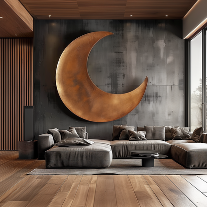 Large Hand-Carved Wooden Crescent Moon Wall Sculpture, 3D Abstract Lunar Art, Modern Luxury Statement Wall Decor for Interiors