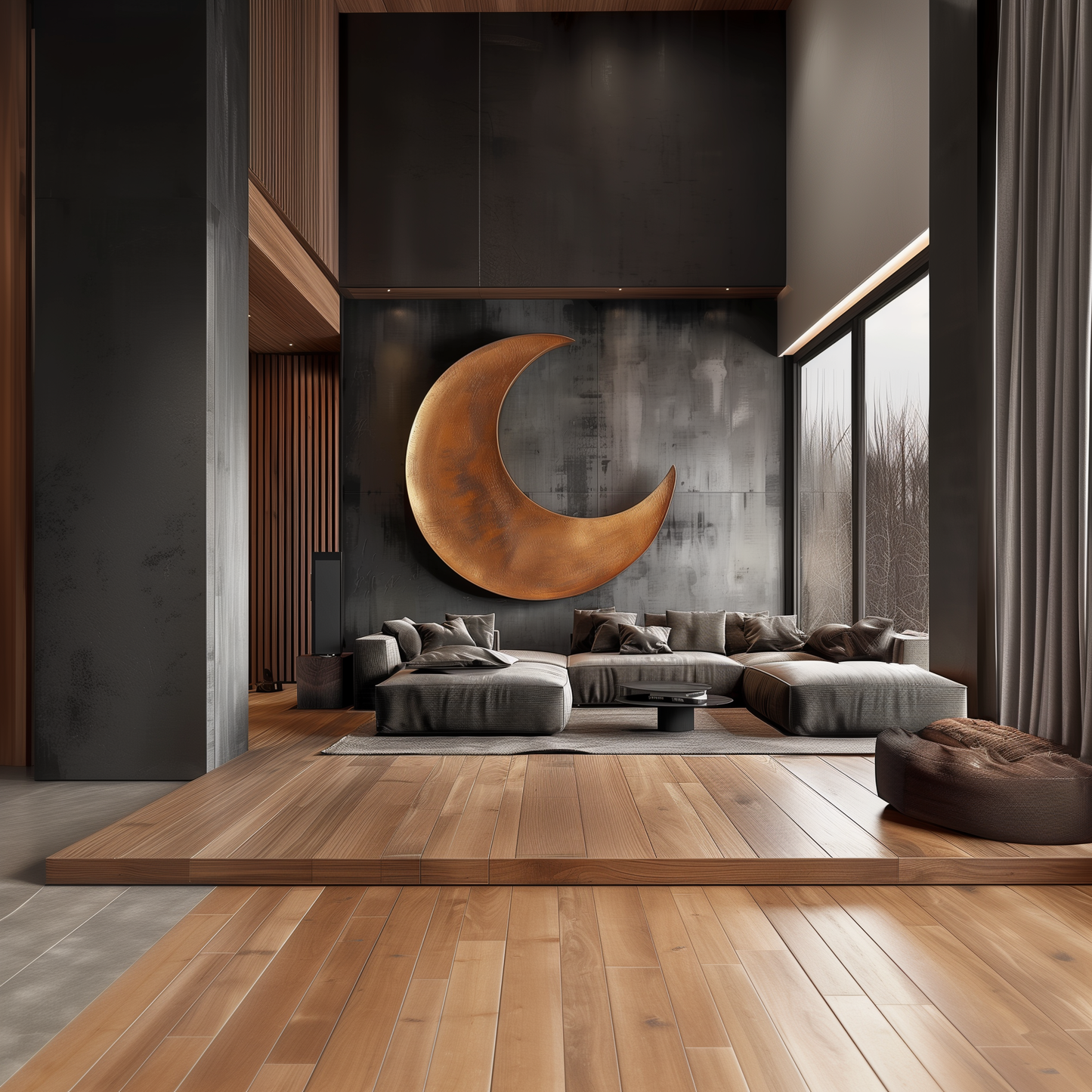 Large Hand-Carved Wooden Crescent Moon Wall Sculpture, 3D Abstract Lunar Art, Modern Luxury Statement Wall Decor for Interiors