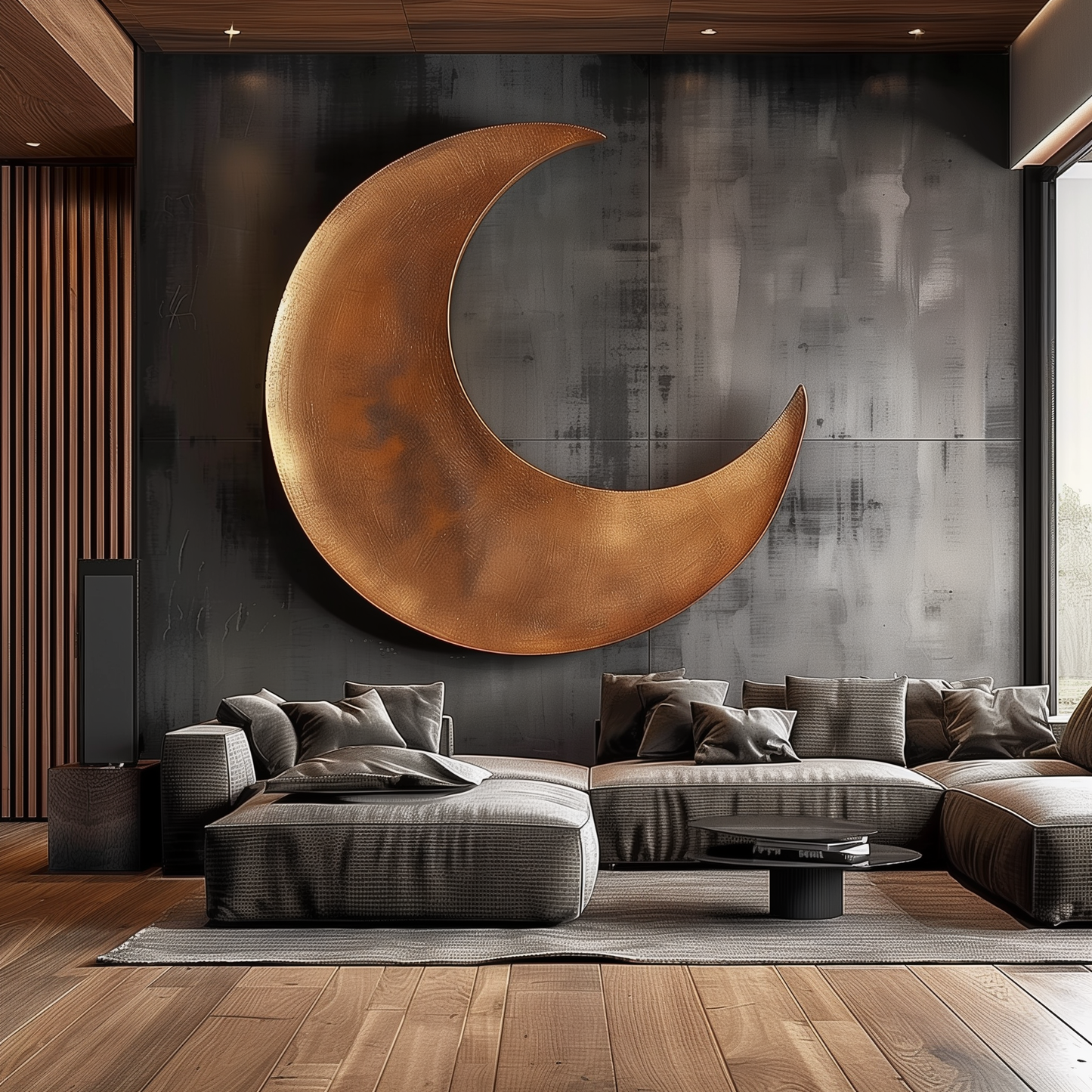 Large Hand-Carved Wooden Crescent Moon Wall Sculpture, 3D Abstract Lunar Art, Modern Luxury Statement Wall Decor for Interiors