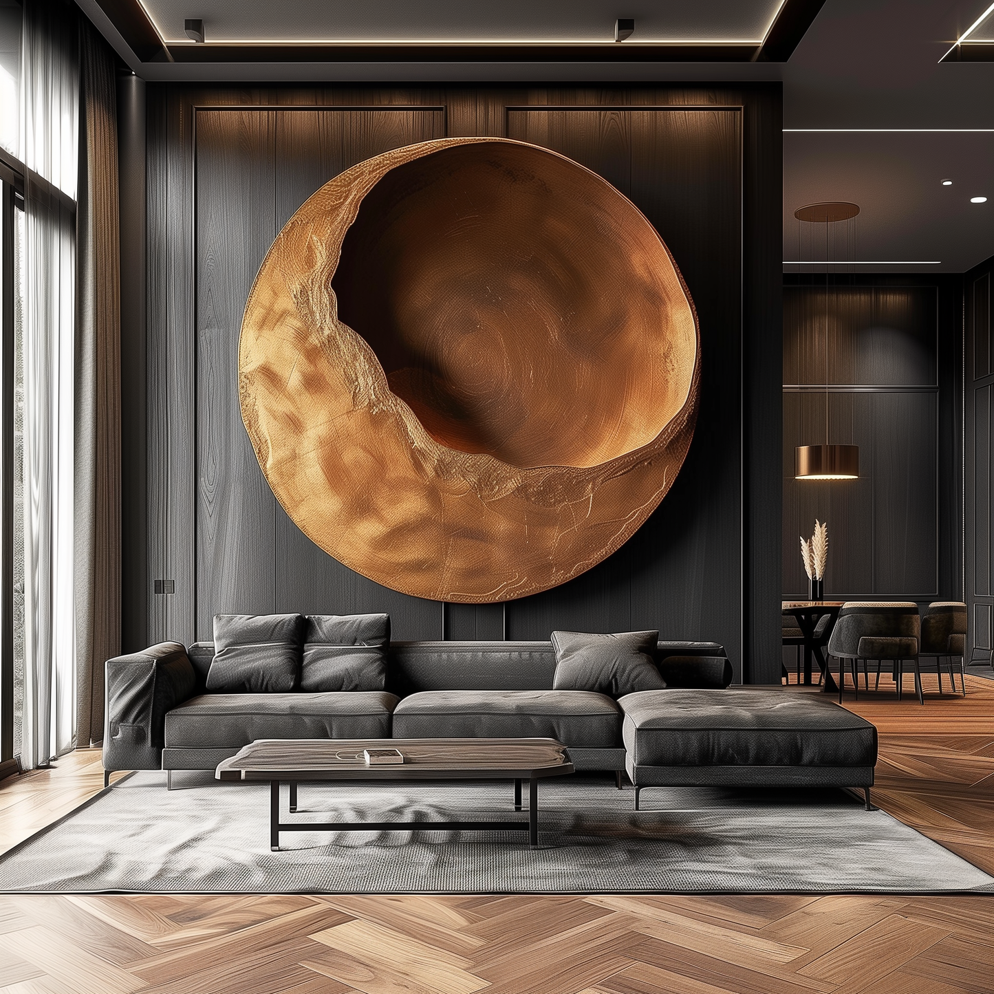 Large Hand-Carved Wooden Disc Wall Sculpture, 3D Organic Abstract Circle Art, Modern Luxury Statement Wall Decor for Interiors