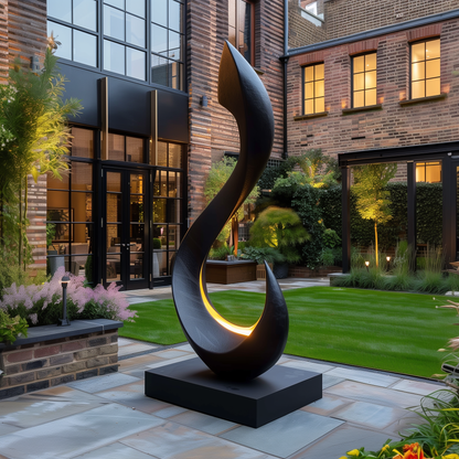 Large Black Abstract Outdoor Sculpture, Modern Flame Infinity Form, Luxury Garden Statement Art, Contemporary Metal Decor for Patio Yard Entrance