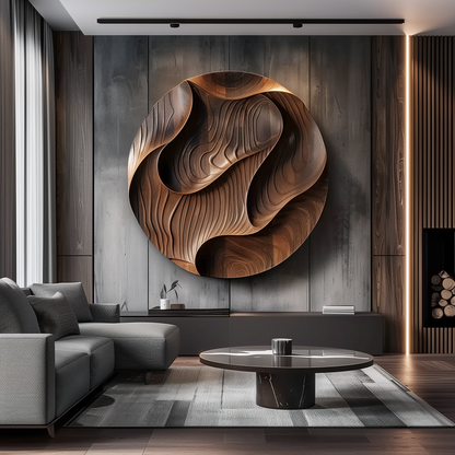 Large Round 3D Wooden Wall Sculpture, Hand Carved Topographic Relief Wall Art, Organic Modern Luxury Statement Decor for Living Room