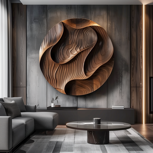 Large Round 3D Wooden Wall Sculpture, Hand Carved Topographic Relief Wall Art, Organic Modern Luxury Statement Decor for Living Room