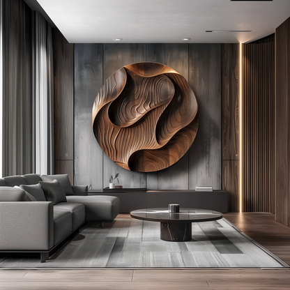 Large Round 3D Wooden Wall Sculpture, Hand Carved Topographic Relief Wall Art, Organic Modern Luxury Statement Decor for Living Room