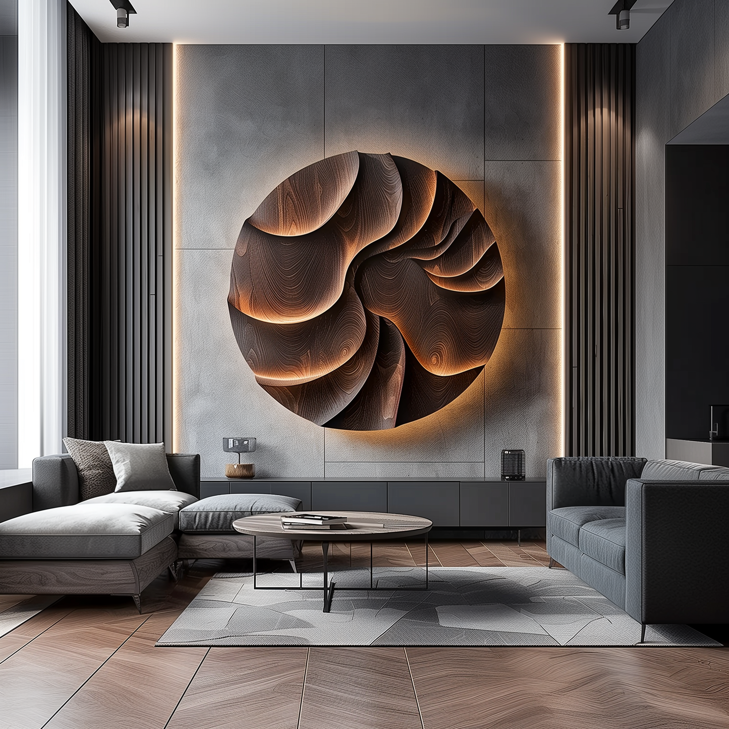 Large Round 3D Wood Wall Sculpture, Abstract Layered Wave Relief Art, Organic Topographic Modern Decor, Luxury Statement Wall Hanging