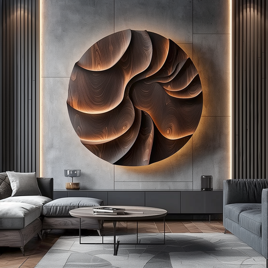Large Round 3D Wood Wall Sculpture, Abstract Layered Wave Relief Art, Organic Topographic Modern Decor, Luxury Statement Wall Hanging