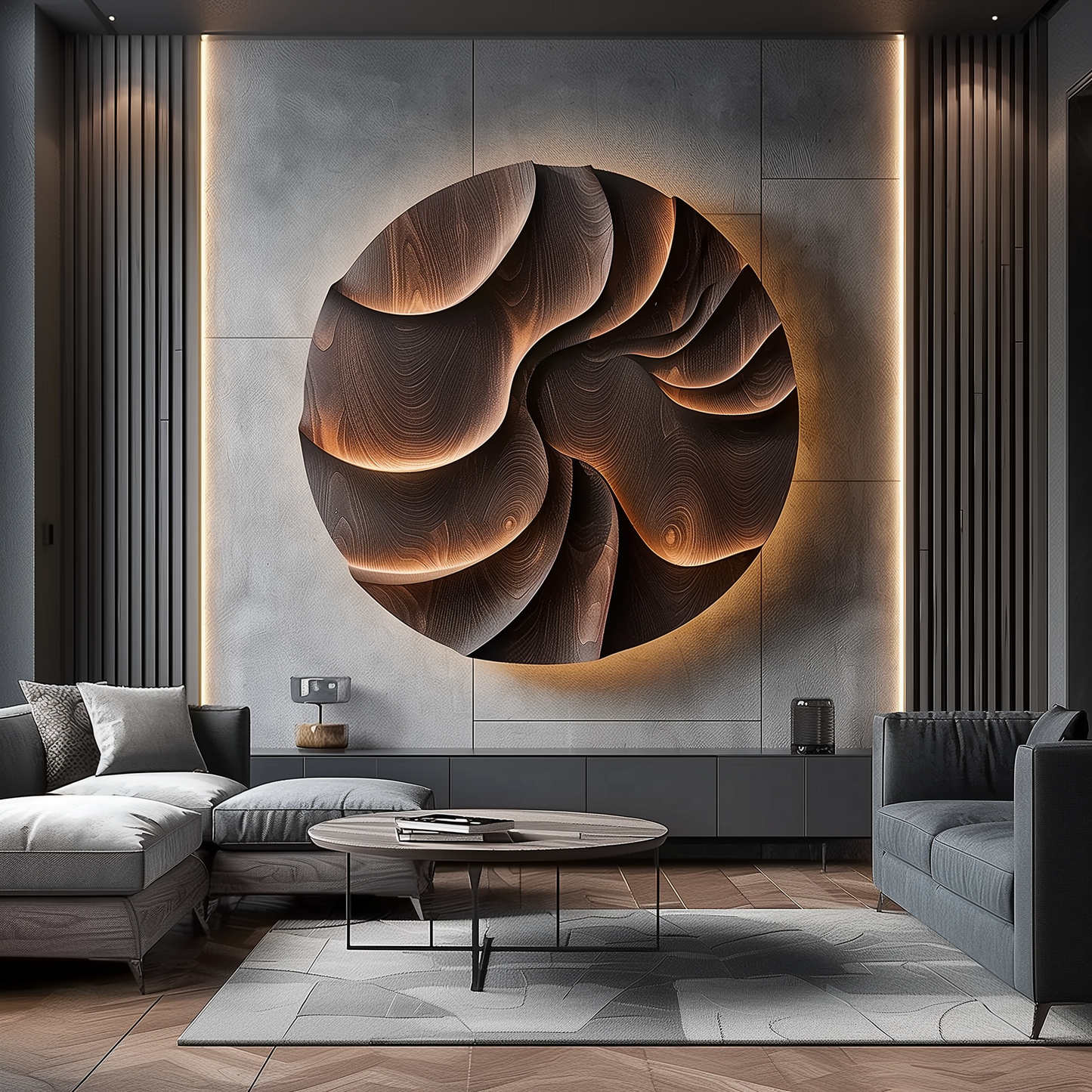 Large Round 3D Wood Wall Sculpture, Abstract Layered Wave Relief Art, Organic Topographic Modern Decor, Luxury Statement Wall Hanging