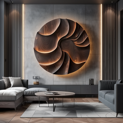 Large Round 3D Wood Wall Sculpture, Abstract Layered Wave Relief Art, Organic Topographic Modern Decor, Luxury Statement Wall Hanging