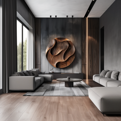 Large Round 3D Wooden Wall Sculpture, Hand Carved Topographic Relief Wall Art, Organic Modern Luxury Statement Decor for Living Room