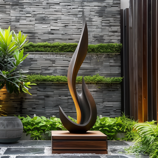 Hand Carved Tall Abstract Flame Wood Sculpture, Black Modern Organic Floor Art, Luxury Statement Decor, Contemporary Home Accent