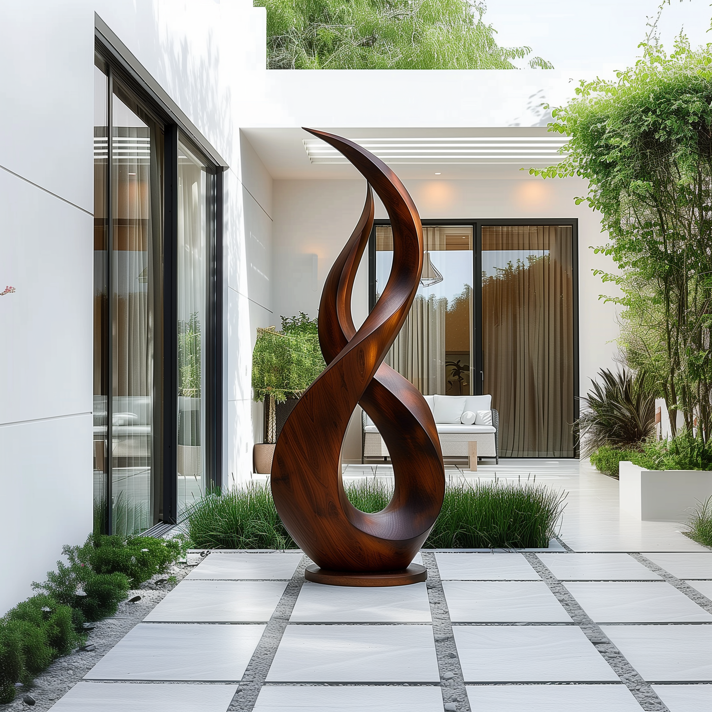 Large Hand-Carved Wooden Flame Twist Sculpture, Abstract Infinity Modern Art, Luxury Statement Floor Decor for Garden or Interiors