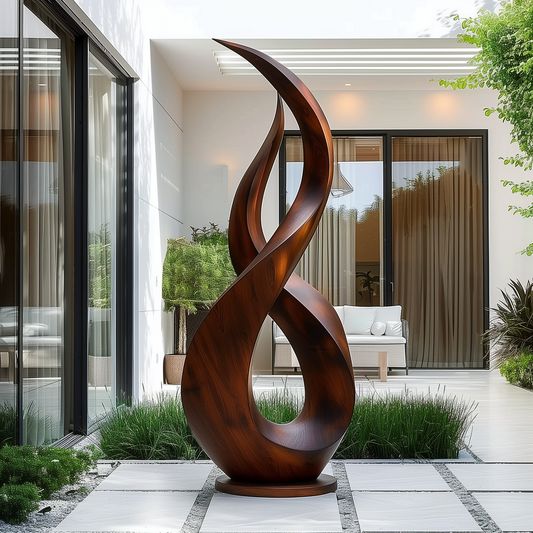 Large Hand-Carved Wooden Flame Twist Sculpture, Abstract Infinity Modern Art, Luxury Statement Floor Decor for Garden or Interiors