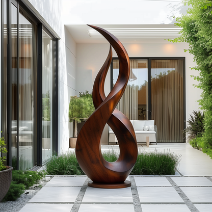 Large Hand-Carved Wooden Flame Twist Sculpture, Abstract Infinity Modern Art, Luxury Statement Floor Decor for Garden or Interiors