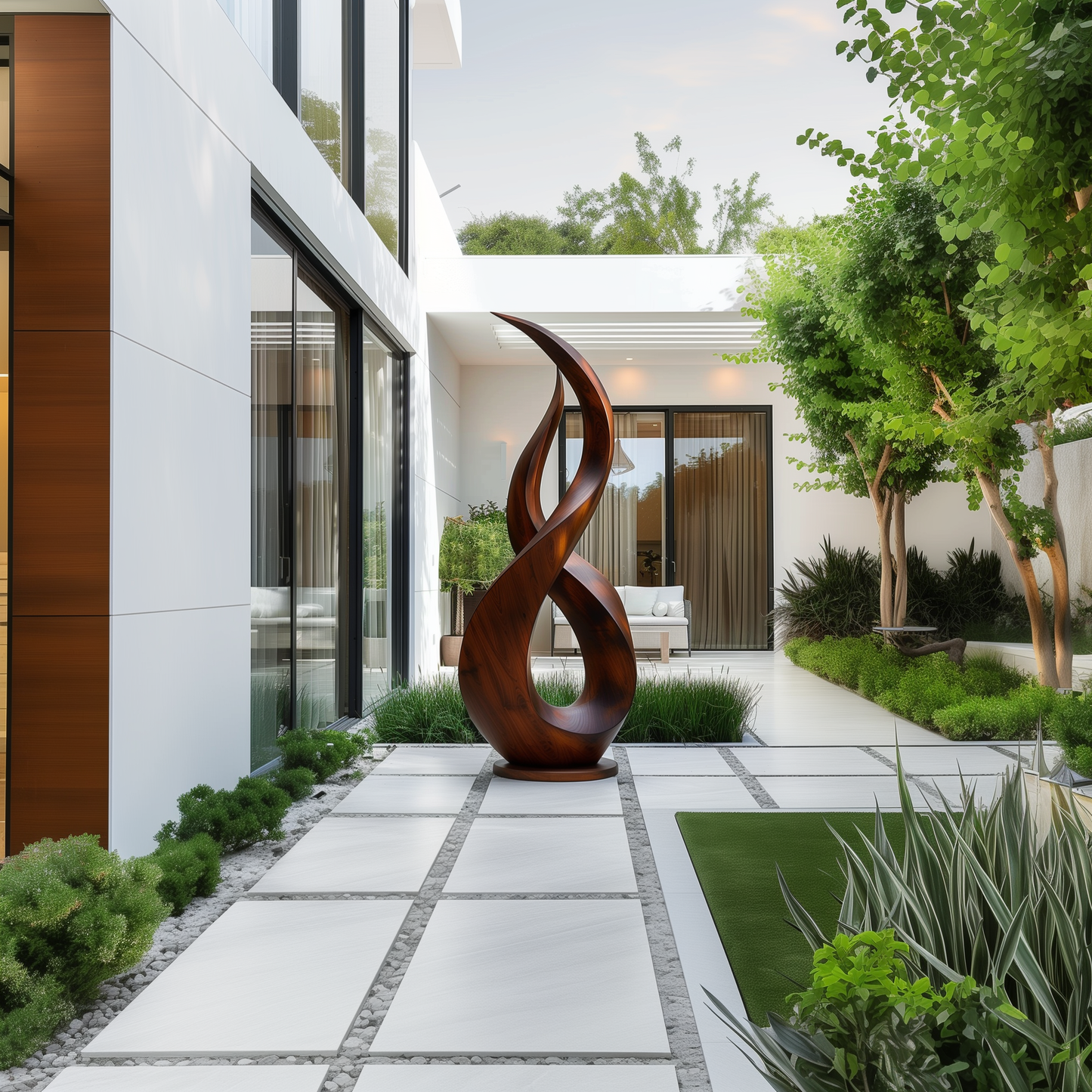 Large Hand-Carved Wooden Flame Twist Sculpture, Abstract Infinity Modern Art, Luxury Statement Floor Decor for Garden or Interiors