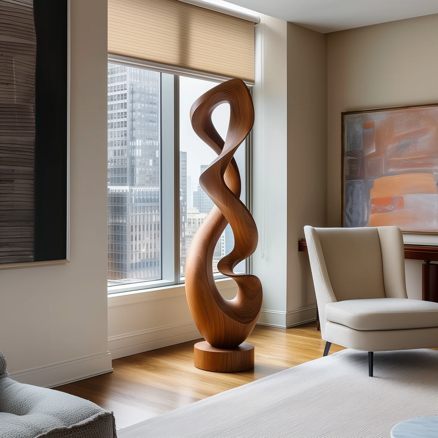 Tall Hand Carved Infinity Loop Wooden Sculpture, Organic Twisting Ribbon Form, Modern Luxury Floor Art, Large Statement Wood Decor