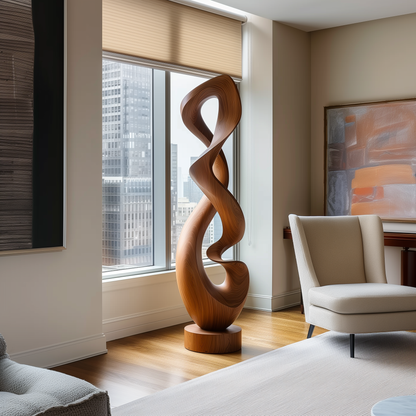 Tall Hand Carved Infinity Loop Wooden Sculpture, Organic Twisting Ribbon Form, Modern Luxury Floor Art, Large Statement Wood Decor