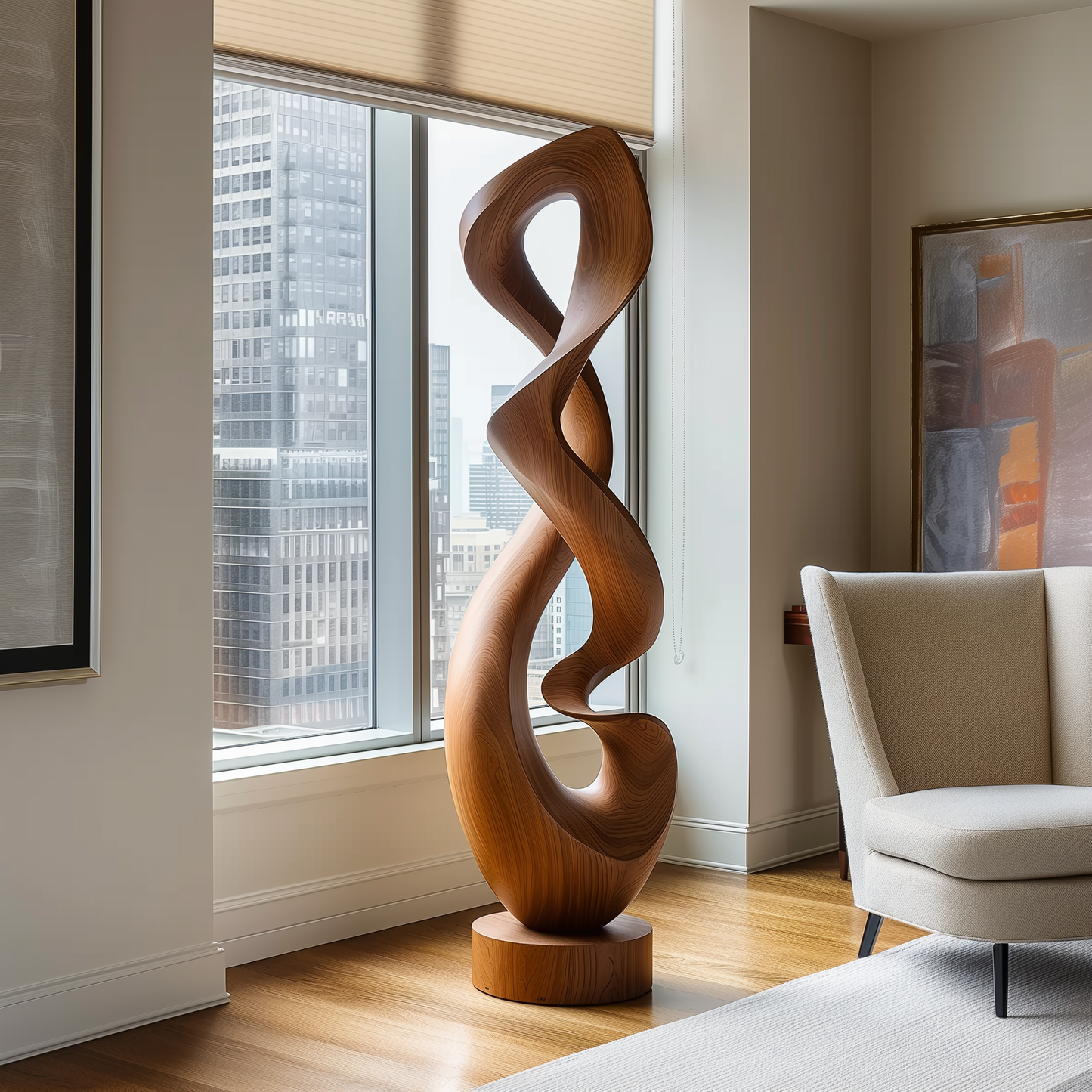 Tall Hand Carved Infinity Loop Wooden Sculpture, Organic Twisting Ribbon Form, Modern Luxury Floor Art, Large Statement Wood Decor