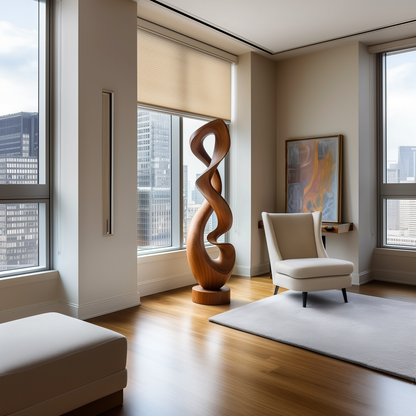 Tall Hand Carved Infinity Loop Wooden Sculpture, Organic Twisting Ribbon Form, Modern Luxury Floor Art, Large Statement Wood Decor