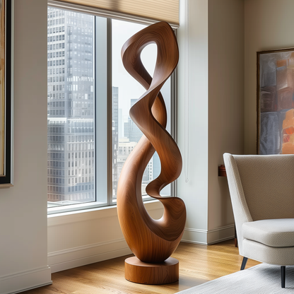 Tall Hand Carved Infinity Loop Wooden Sculpture, Organic Twisting Ribbon Form, Modern Luxury Floor Art, Large Statement Wood Decor