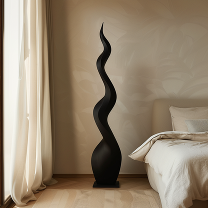 Tall Black Abstract Flame Sculpture, Hand-Carved Modern Infinity Twist Art, Luxury Minimal Statement Floor Decor for Interiors