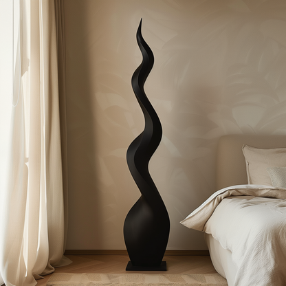 Tall Black Abstract Flame Sculpture, Hand-Carved Modern Infinity Twist Art, Luxury Minimal Statement Floor Decor for Interiors