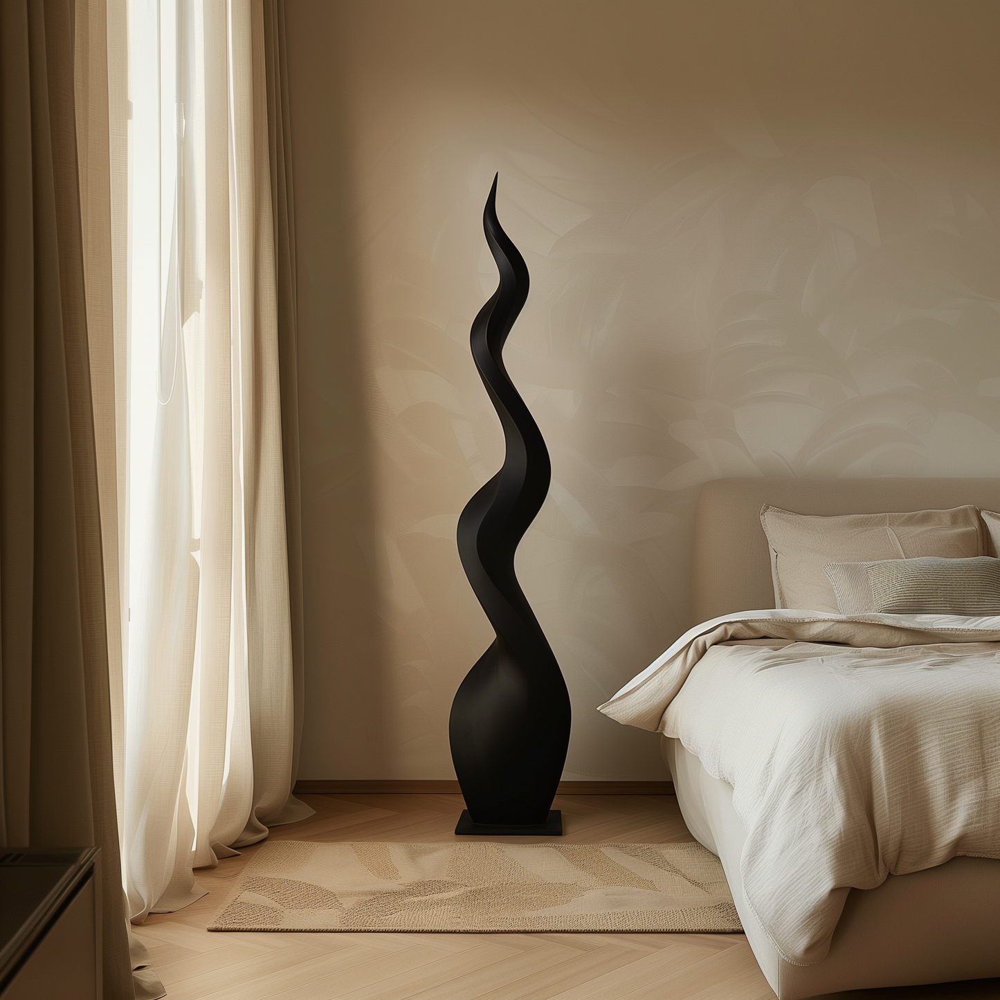 Tall Black Abstract Flame Sculpture, Hand-Carved Modern Infinity Twist Art, Luxury Minimal Statement Floor Decor for Interiors