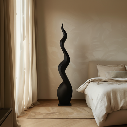 Tall Black Abstract Flame Sculpture, Hand-Carved Modern Infinity Twist Art, Luxury Minimal Statement Floor Decor for Interiors