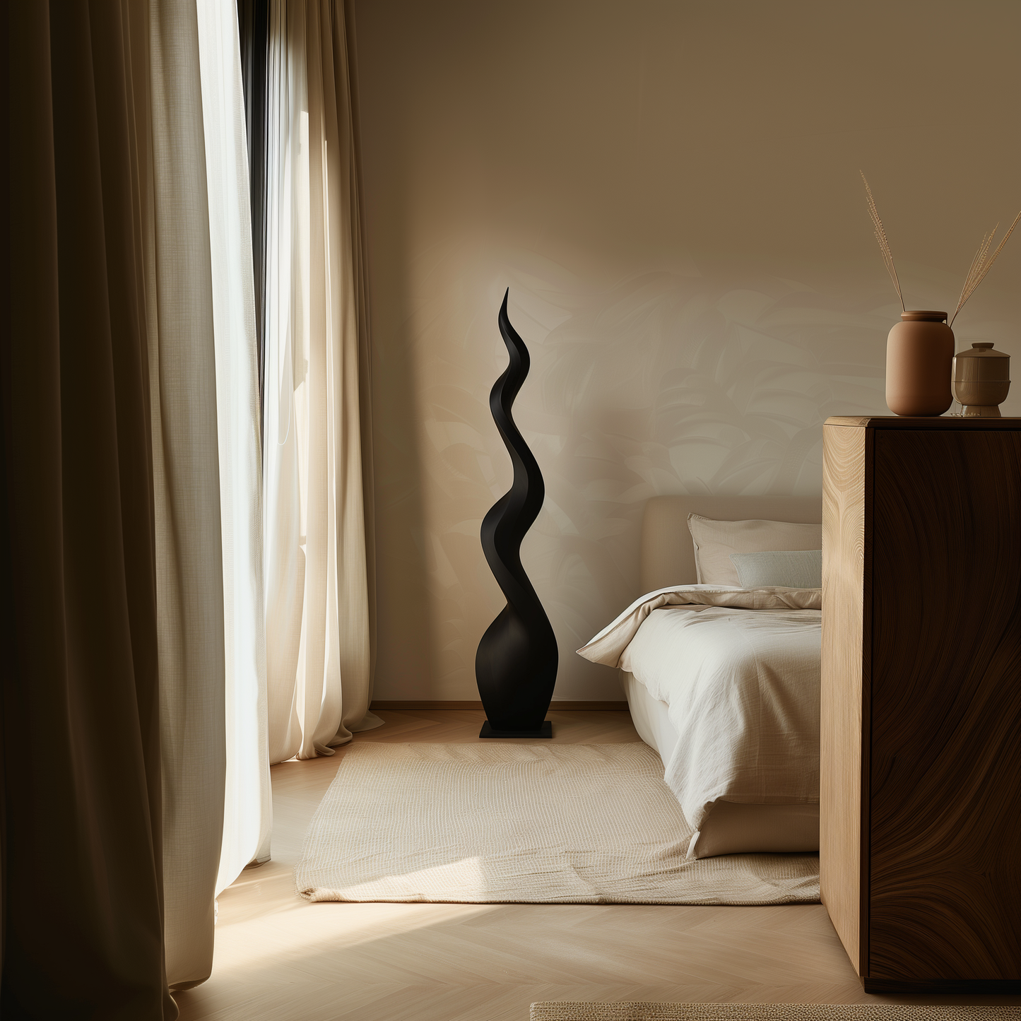 Tall Black Abstract Flame Sculpture, Hand-Carved Modern Infinity Twist Art, Luxury Minimal Statement Floor Decor for Interiors