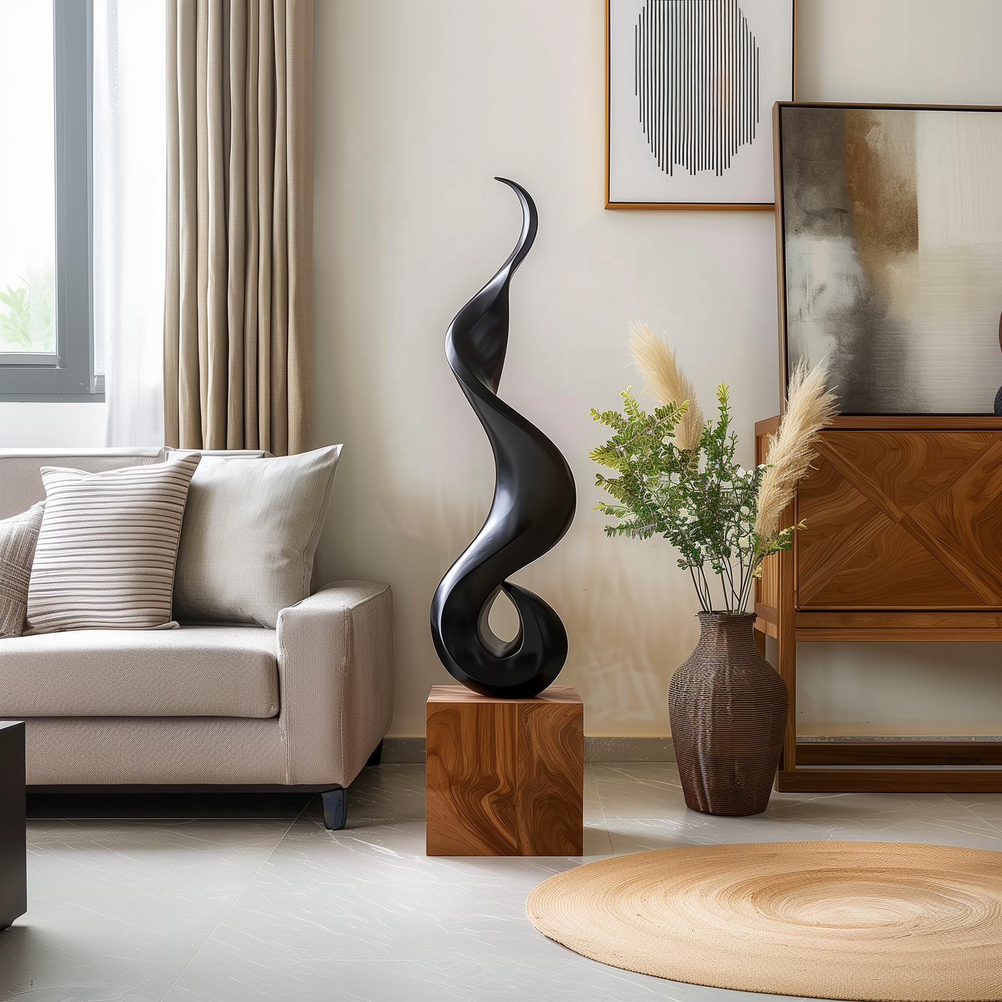 Tall Black Flame Spiral Wooden Sculpture Hand Carved Solid Wood Abstract Twist Modern Luxury Home Decor