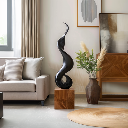Tall Black Flame Spiral Wooden Sculpture Hand Carved Solid Wood Abstract Twist Modern Luxury Home Decor