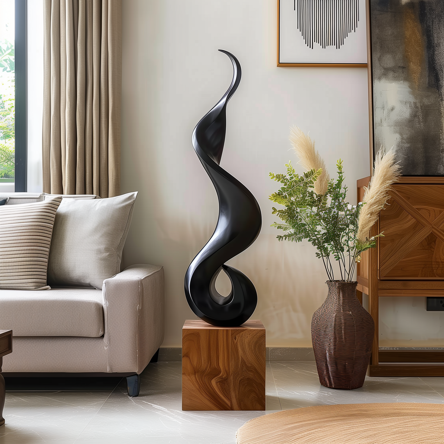 Tall Black Flame Spiral Wooden Sculpture Hand Carved Solid Wood Abstract Twist Modern Luxury Home Decor