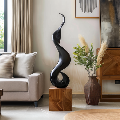 Tall Black Flame Spiral Wooden Sculpture Hand Carved Solid Wood Abstract Twist Modern Luxury Home Decor